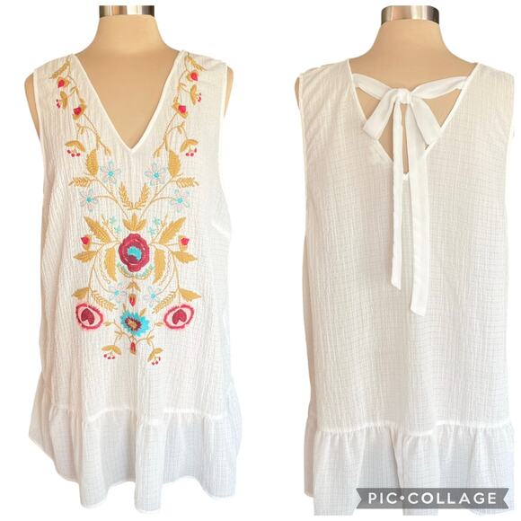 Entro Cream Crinkle Gauze Floral Embroidered Shift Dress Sz XL Boho Cottagecore - Picture 1 of 9